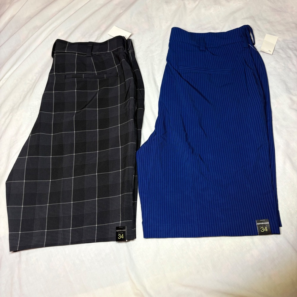 Roundtree & Yorke Performance Golf Shorts Bundle Blue Plaid‎ 34x9 2 Pairs NEW